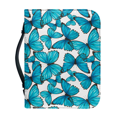 Blue Watercolor Butterfly Pattern Print Leather Bible Cover