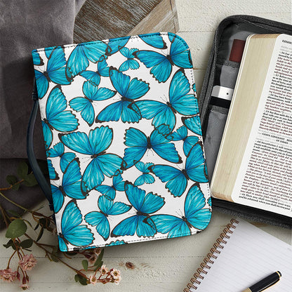 Blue Watercolor Butterfly Pattern Print Leather Bible Cover