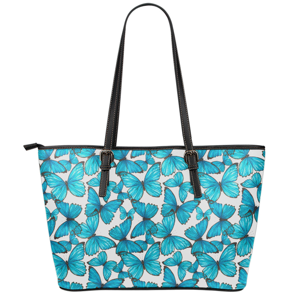 Blue Watercolor Butterfly Pattern Print Leather Tote Bag