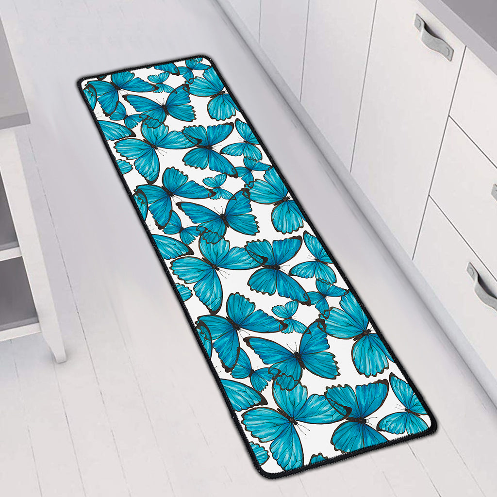 Blue Watercolor Butterfly Pattern Print Long Kitchen Mat