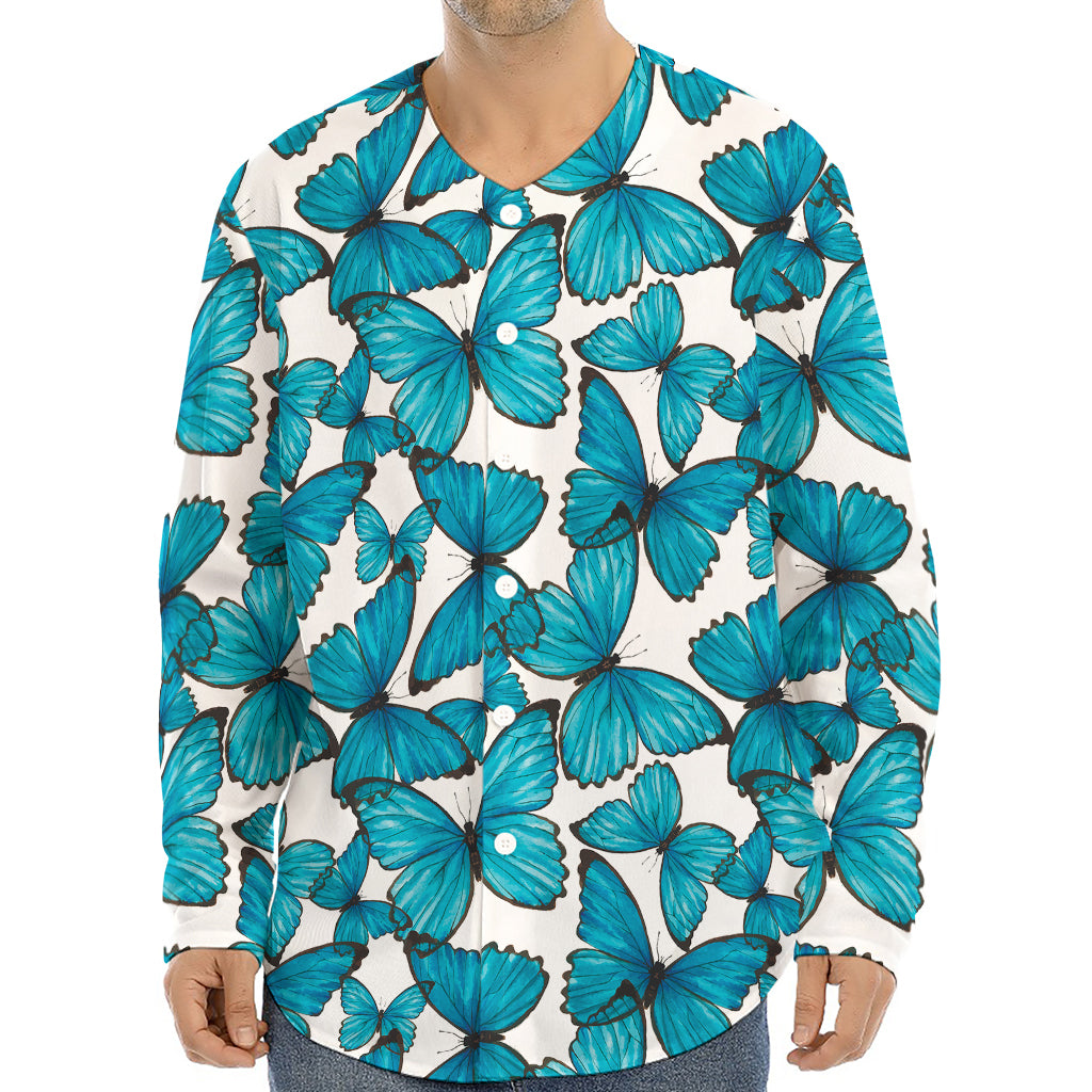 Blue Watercolor Butterfly Pattern Print Long Sleeve Baseball Jersey