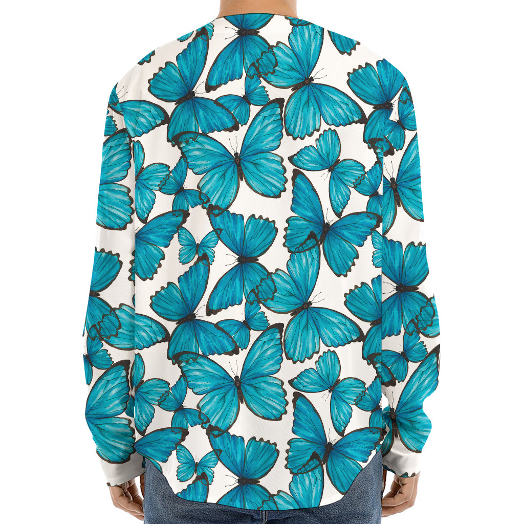 Blue Watercolor Butterfly Pattern Print Long Sleeve Baseball Jersey