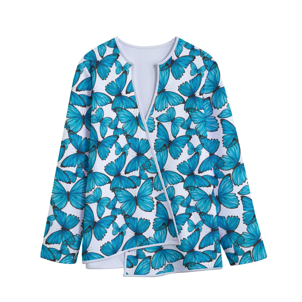 Blue Watercolor Butterfly Pattern Print Long Sleeve Short Coat