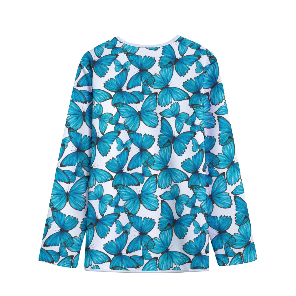 Blue Watercolor Butterfly Pattern Print Long Sleeve Short Coat