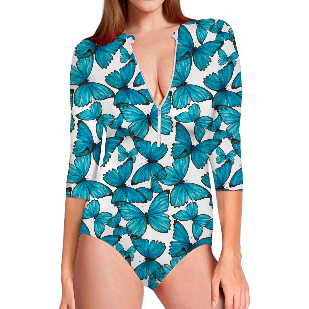 Blue Watercolor Butterfly Pattern Print Long Sleeve Swimsuit