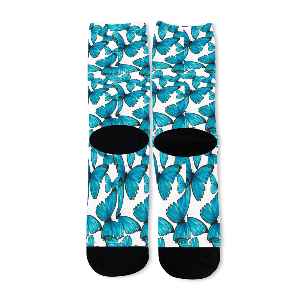 Blue Watercolor Butterfly Pattern Print Long Socks