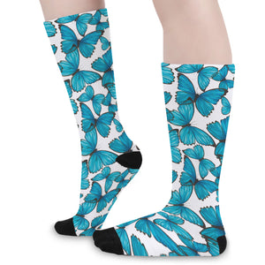 Blue Watercolor Butterfly Pattern Print Long Socks