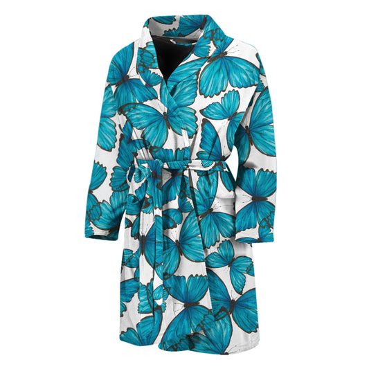 Blue Watercolor Butterfly Pattern Print Men's Bathrobe