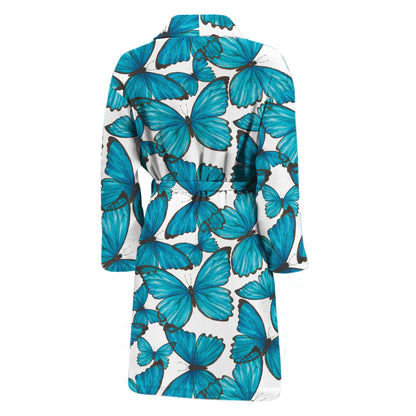 Blue Watercolor Butterfly Pattern Print Men's Bathrobe