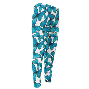 Blue Watercolor Butterfly Pattern Print Men's Compression Pants