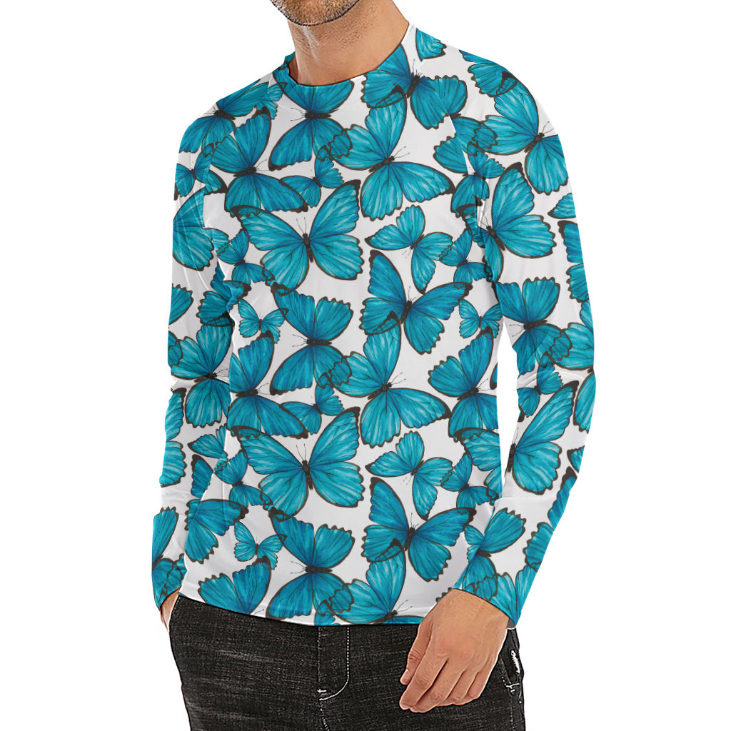 Blue Watercolor Butterfly Pattern Print Men's Long Sleeve Rash Guard
