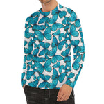 Blue Watercolor Butterfly Pattern Print Men's Long Sleeve Rash Guard