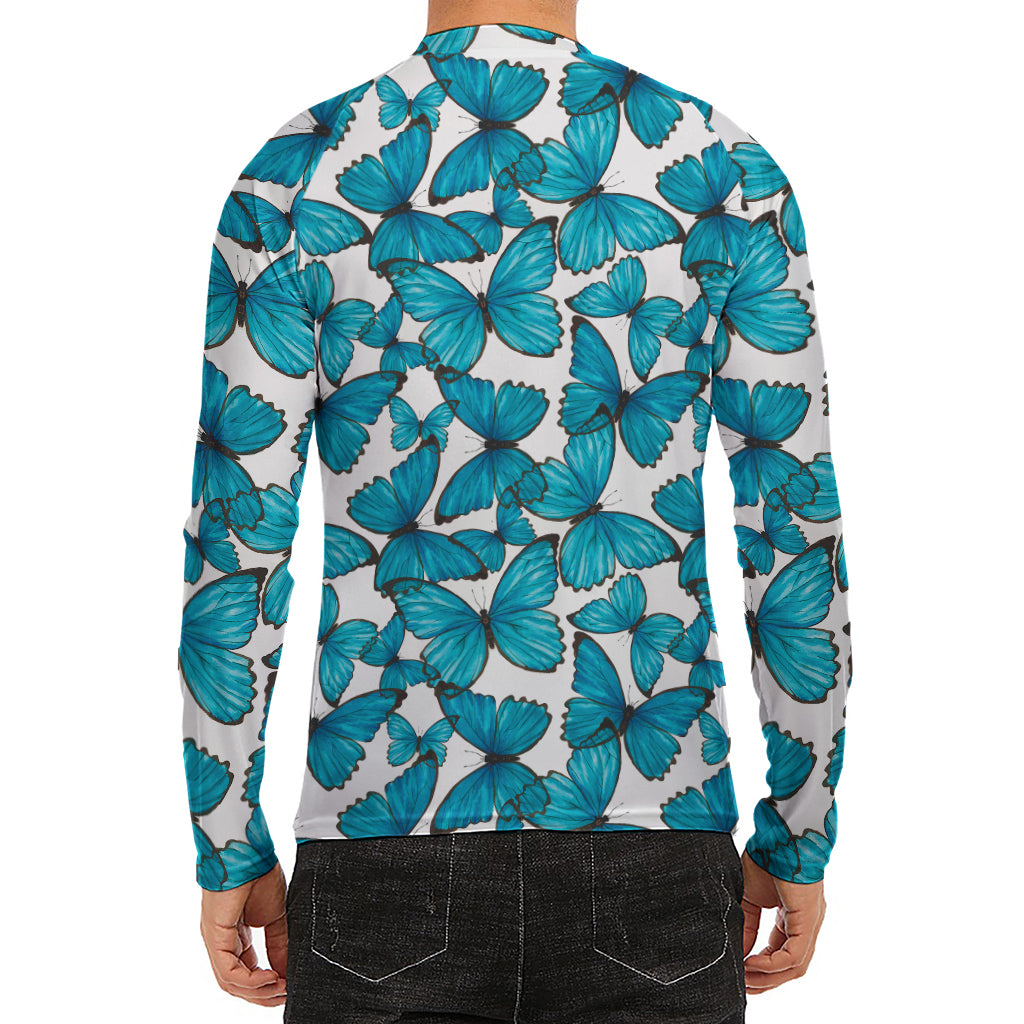 Blue Watercolor Butterfly Pattern Print Men's Long Sleeve Rash Guard
