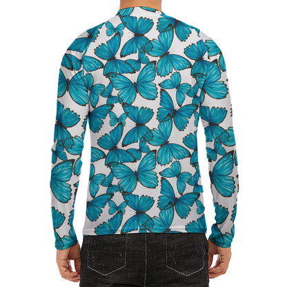 Blue Watercolor Butterfly Pattern Print Men's Long Sleeve Rash Guard