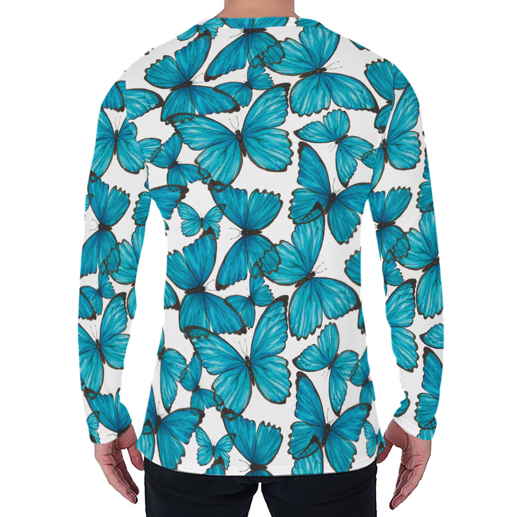 Blue Watercolor Butterfly Pattern Print Men's Long Sleeve T-Shirt