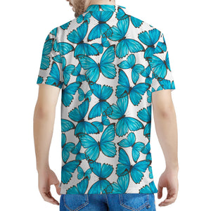 Blue Watercolor Butterfly Pattern Print Men's Polo Shirt