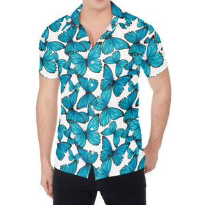 Blue Watercolor Butterfly Pattern Print Men's Shirt