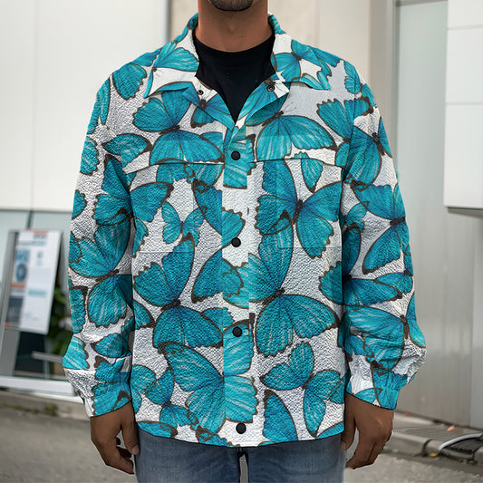 Blue Watercolor Butterfly Pattern Print Men's Shirt Jacket