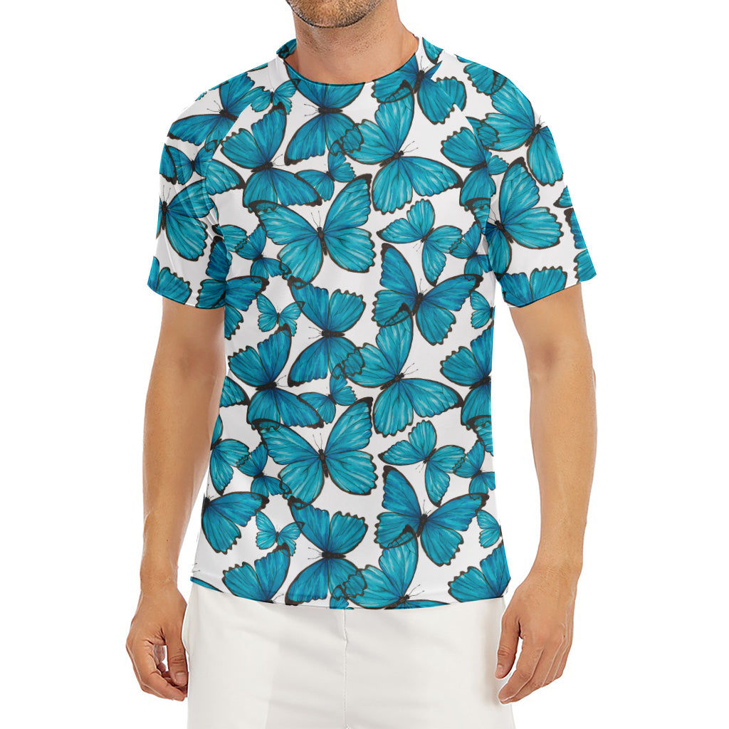 Blue Watercolor Butterfly Pattern Print Men's Short Sleeve Rash Guard