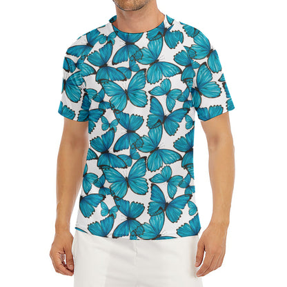 Blue Watercolor Butterfly Pattern Print Men's Short Sleeve Rash Guard