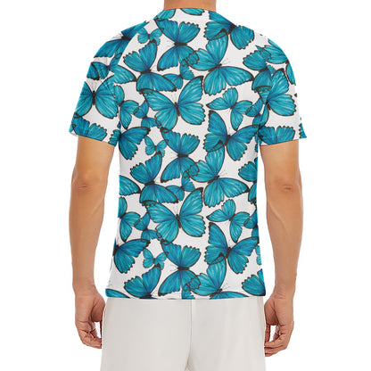 Blue Watercolor Butterfly Pattern Print Men's Short Sleeve Rash Guard