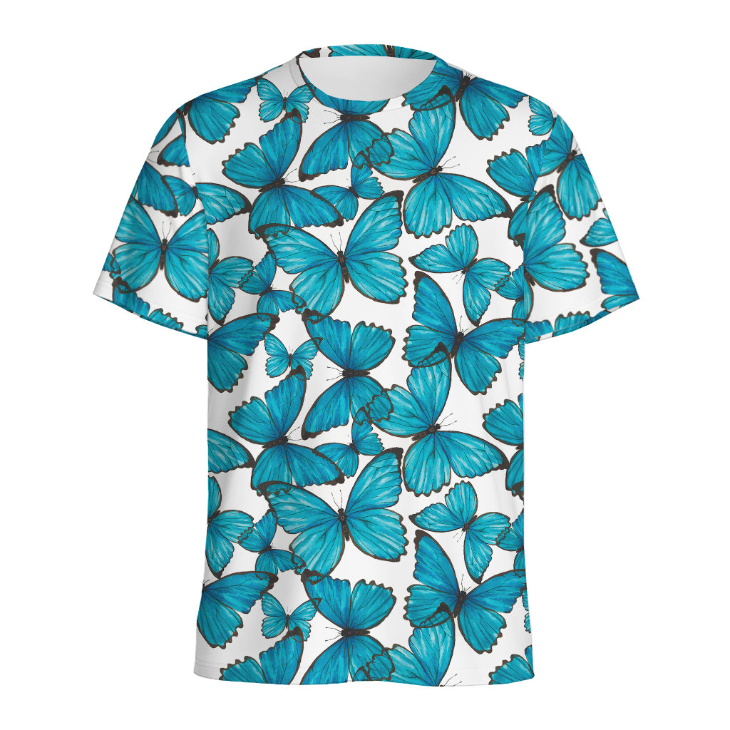 Blue Watercolor Butterfly Pattern Print Men's Sports T-Shirt