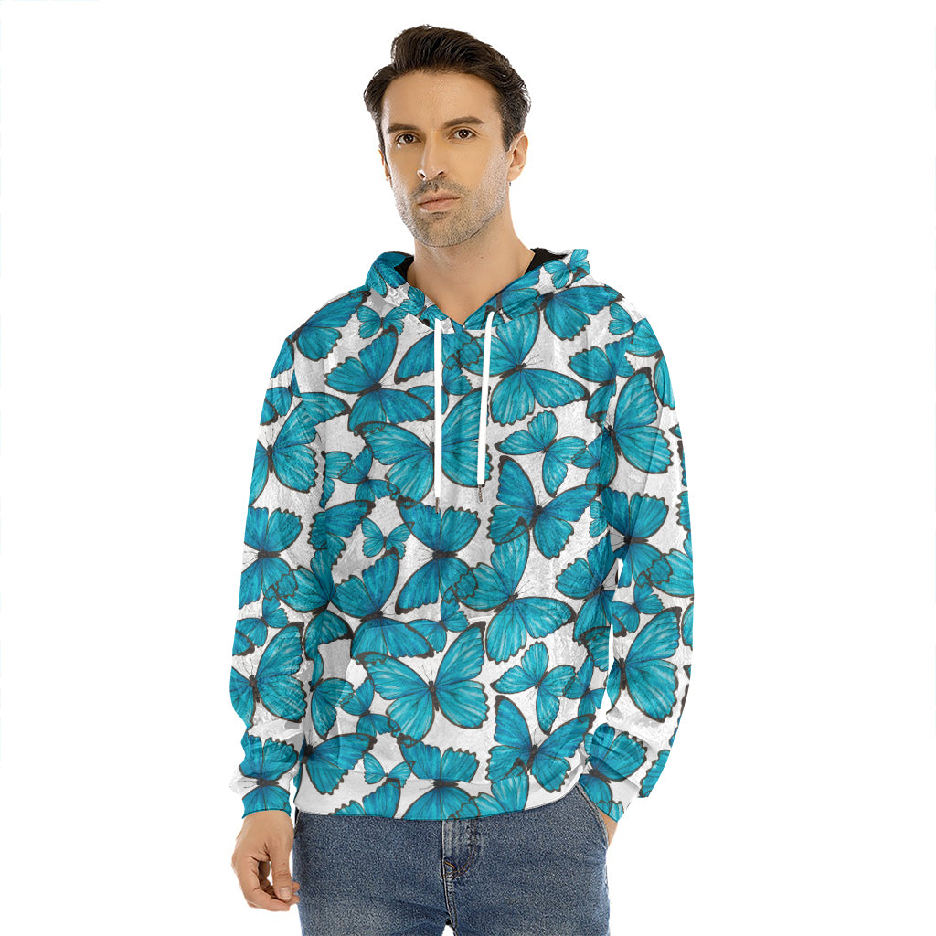 Blue Watercolor Butterfly Pattern Print Men's Velvet Pullover Hoodie