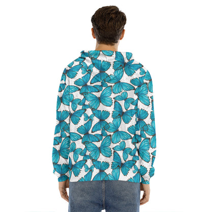 Blue Watercolor Butterfly Pattern Print Men's Velvet Pullover Hoodie