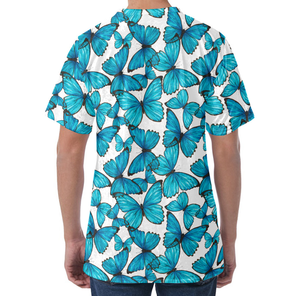 Blue Watercolor Butterfly Pattern Print Men's Velvet T-Shirt