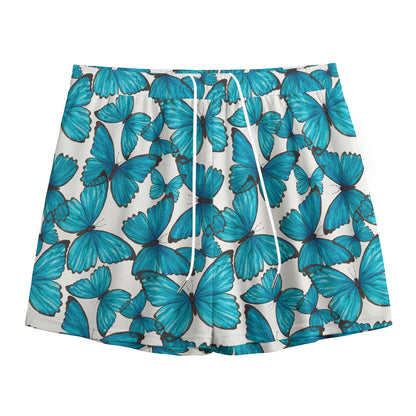 Blue Watercolor Butterfly Pattern Print Mesh Shorts