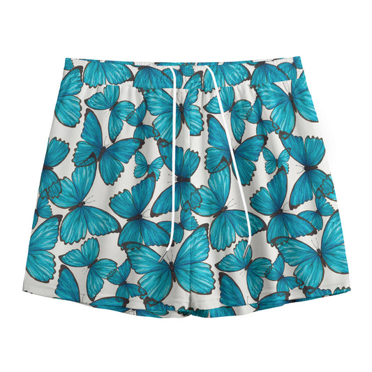 Blue Watercolor Butterfly Pattern Print Mesh Shorts