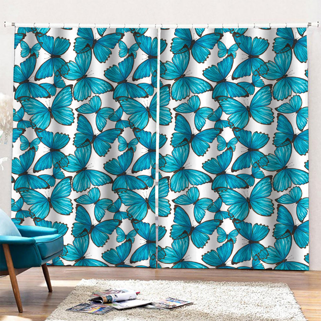 Blue Watercolor Butterfly Pattern Print Pencil Pleat Curtains