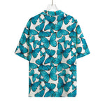 Blue Watercolor Butterfly Pattern Print Rayon Hawaiian Shirt