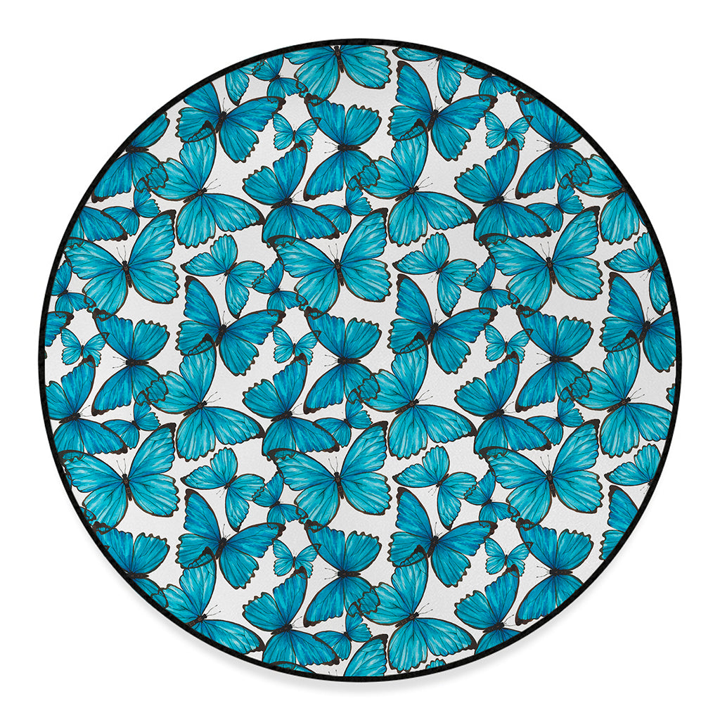 Blue Watercolor Butterfly Pattern Print Round Floor Mat