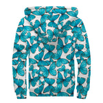 Blue Watercolor Butterfly Pattern Print Sherpa Lined Zip Up Hoodie