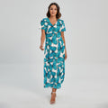 Blue Watercolor Butterfly Pattern Print Short Sleeve Maxi Dress