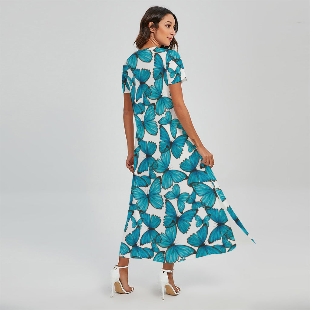 Blue Watercolor Butterfly Pattern Print Short Sleeve Maxi Dress