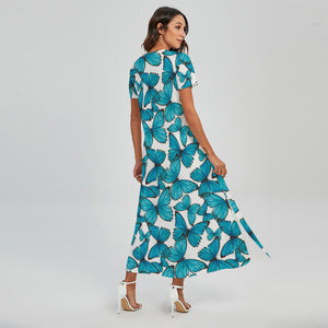 Blue Watercolor Butterfly Pattern Print Short Sleeve Maxi Dress