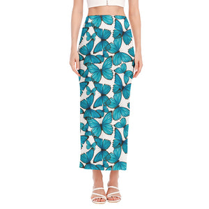 Blue Watercolor Butterfly Pattern Print Side Slit Maxi Skirt