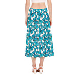 Blue Watercolor Butterfly Pattern Print Side Slit Midi Skirt