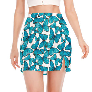 Blue Watercolor Butterfly Pattern Print Side Slit Mini Skirt