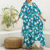 Blue Watercolor Butterfly Pattern Print Silk V-Neck Kaftan Dress