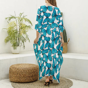 Blue Watercolor Butterfly Pattern Print Silk V-Neck Kaftan Dress