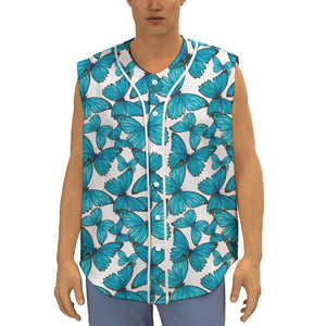 Blue Watercolor Butterfly Pattern Print Sleeveless Baseball Jersey