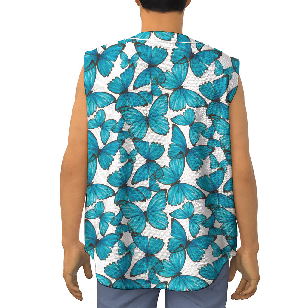 Blue Watercolor Butterfly Pattern Print Sleeveless Baseball Jersey