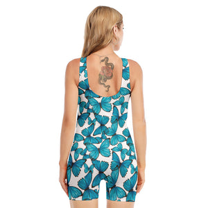 Blue Watercolor Butterfly Pattern Print Sleeveless One Piece Swimsuit