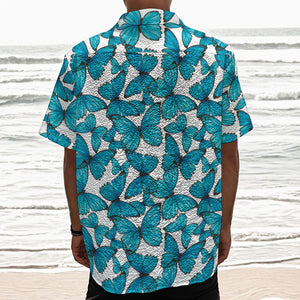 Blue Watercolor Butterfly Pattern Print Textured Short Sleeve Shirt