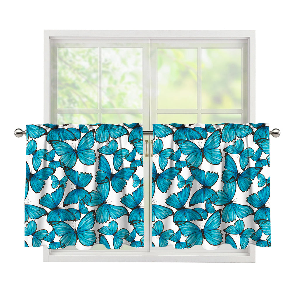 Blue Watercolor Butterfly Pattern Print Tier Curtains