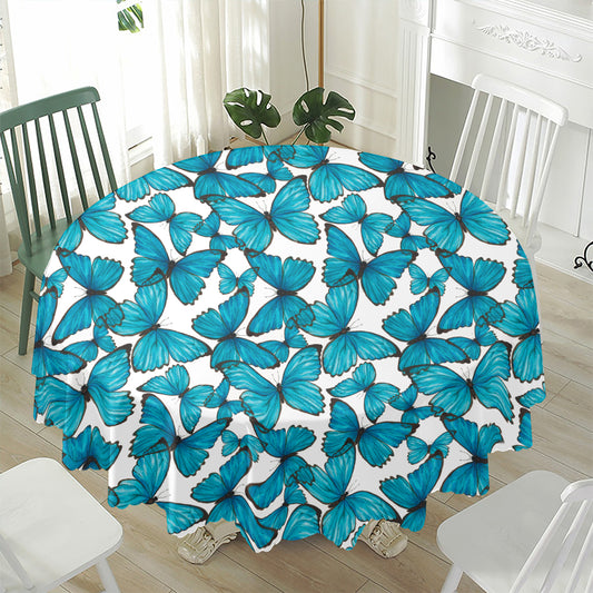 Blue Watercolor Butterfly Pattern Print Waterproof Round Tablecloth