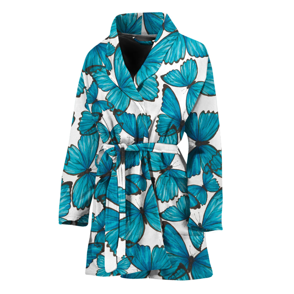 Blue Watercolor Butterfly Pattern Print Women's Bathrobe